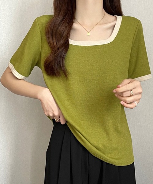 Amulet(アミュレット)の「Uネックシャツ(Tシャツ/カットソー・レディース・ベージュ/グリーン/ピンク/ブラック・M/L/XL)」の1枚目の写真