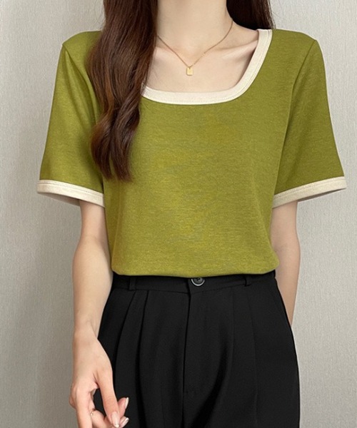 Amulet(アミュレット)の「Uネックシャツ(Tシャツ/カットソー・レディース・ベージュ/グリーン/ピンク/ブラック・M/L/XL)」の8枚目の写真
