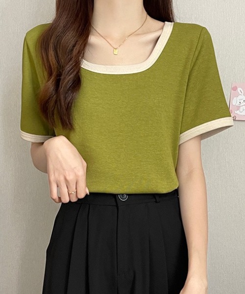 Amulet(アミュレット)の「Uネックシャツ(Tシャツ/カットソー・レディース・ベージュ/グリーン/ピンク/ブラック・M/L/XL)」の12枚目の写真