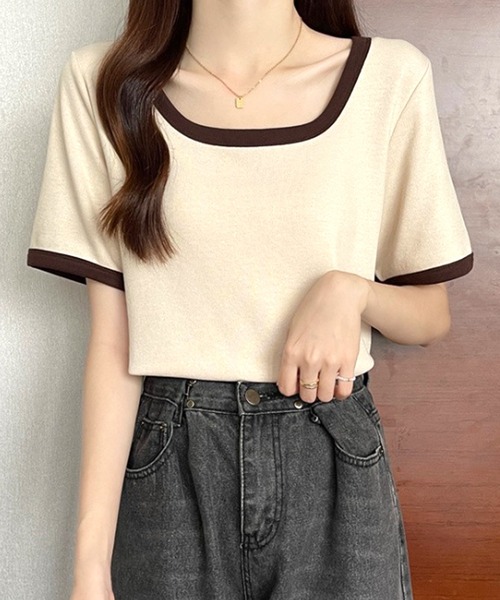 Amulet(アミュレット)の「Uネックシャツ(Tシャツ/カットソー・レディース・ベージュ/グリーン/ピンク/ブラック・M/L/XL)」の6枚目の写真