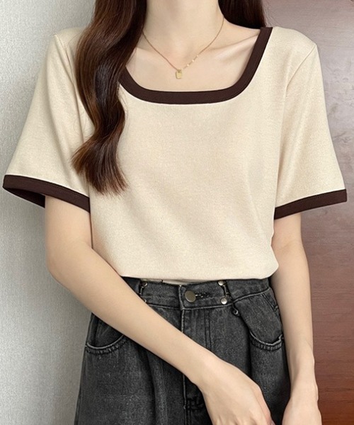 Amulet(アミュレット)の「Uネックシャツ(Tシャツ/カットソー・レディース・ベージュ/グリーン/ピンク/ブラック・M/L/XL)」の9枚目の写真