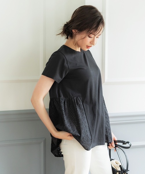 coca(coca)(コカ)の「コットンレース切り替えTシャツ(Tシャツ/カットソー・レディース・カーキ/ブラック・M/L)」の3枚目の写真