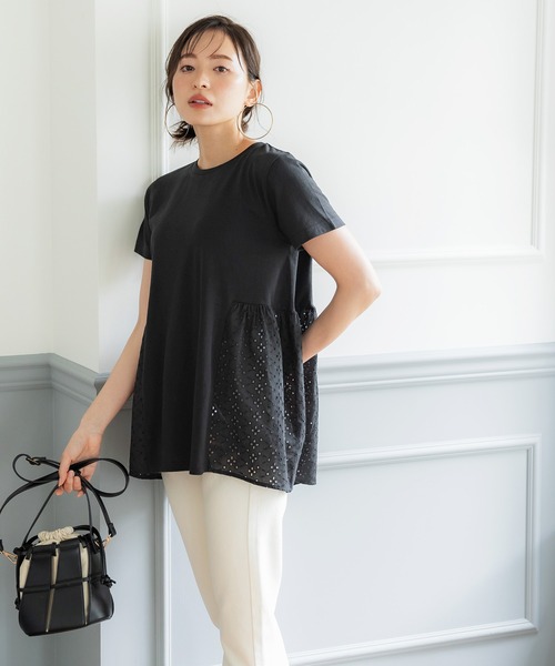 ちゅみＬＬ白黒パネルボーダー背コットンレース切替Ｔシャツ ちゅみLL白黒パネルボーダー背コットンレース切替Tシャツ ちゅみLL