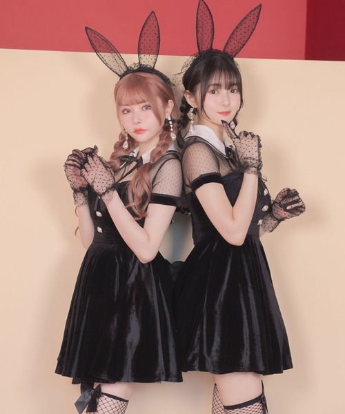 ドットチュール×ベロアデザイン体型カバーペアレトロガーリーバニー [5点セット]?