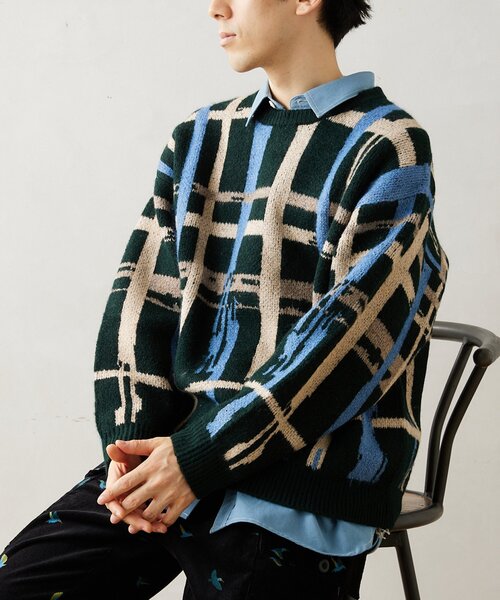 JOURNAL STANDARD relume（ジャーナルスタンダード　レリューム）の「CALIFORNIA アモルファス ジャガードクルーネックニット（ニット/セーター・メンズ・アイボリー/グリーン/ネイビー/オレンジ・MEDIUM/LARGE）」の3枚目の写真