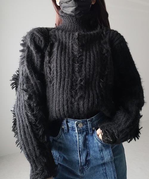 me+em select(ミームセレクト)の「※※【 3color 】モヘアライクハイネックダメージオーバーニット(ニット/セーター・レディース・ホワイト/ブラック/ベージュ・FREE)」の2枚目の写真