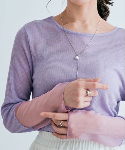 kirakiraShop（キラキラショップ）の「袖 切り替え シアー ニットソー 異素材（Tシャツ/カットソー・レディース・ブラック/ワイン/ラベンダー/オレンジ/イエロー/オフホワイト/オリーブ/グリーン/ブルー系/チャコール/ライトベージュ/モカ・M/L/XL）」の9枚目の写真