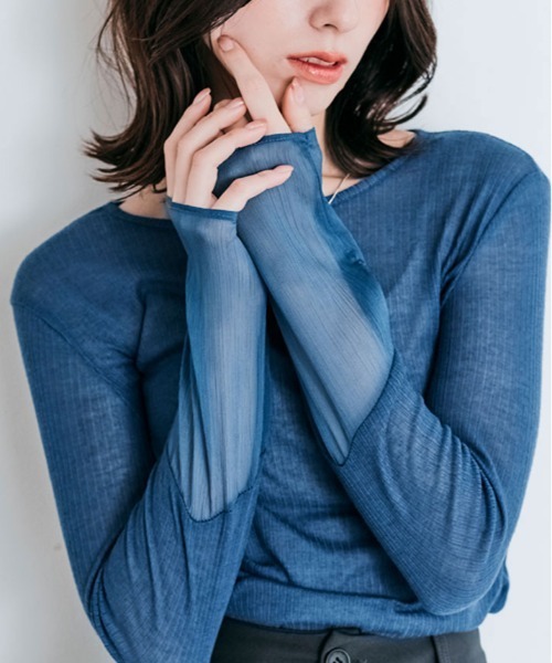 kirakiraShop（キラキラショップ）の「袖 切り替え シアー ニットソー 異素材（Tシャツ/カットソー・レディース・ブラック/ワイン/ラベンダー/オレンジ/イエロー/オフホワイト/オリーブ/グリーン/ブルー系/チャコール/ライトベージュ/モカ・M/L/XL）」の8枚目の写真