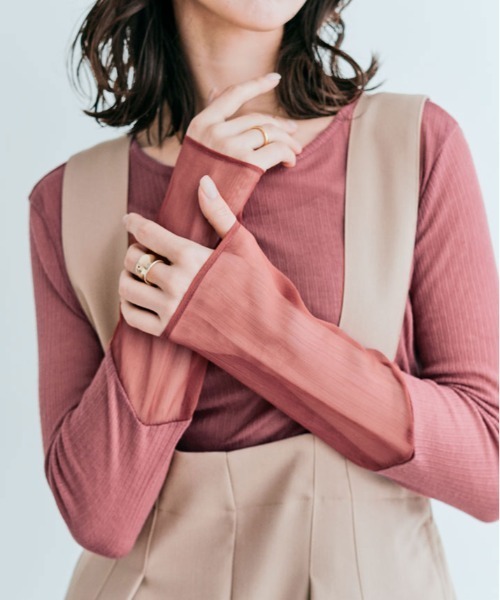 kirakiraShop（キラキラショップ）の「袖 切り替え シアー ニットソー 異素材（Tシャツ/カットソー・レディース・ブラック/ワイン/ラベンダー/オレンジ/イエロー/オフホワイト/オリーブ/グリーン/ブルー系/チャコール/ライトベージュ/モカ・M/L/XL）」の11枚目の写真