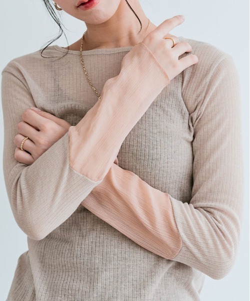 kirakiraShop（キラキラショップ）の「袖 切り替え シアー ニットソー 異素材（Tシャツ/カットソー・レディース・ブラック/ワイン/ラベンダー/オレンジ/イエロー/オフホワイト/オリーブ/グリーン/ブルー系/チャコール/ライトベージュ/モカ・M/L/XL）」の6枚目の写真