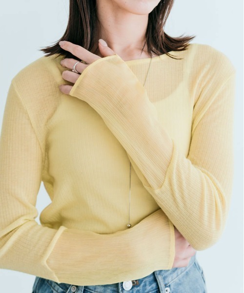 kirakiraShop（キラキラショップ）の「袖 切り替え シアー ニットソー 異素材（Tシャツ/カットソー・レディース・ブラック/ワイン/ラベンダー/オレンジ/イエロー/オフホワイト/オリーブ/グリーン/ブルー系/チャコール/ライトベージュ/モカ・M/L/XL）」の10枚目の写真