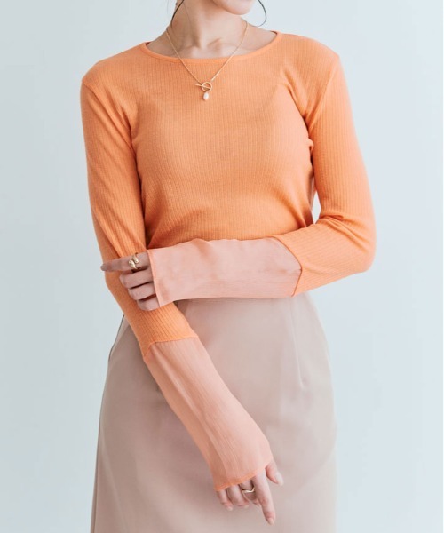 kirakiraShop（キラキラショップ）の「袖 切り替え シアー ニットソー 異素材（Tシャツ/カットソー・レディース・ブラック/ワイン/ラベンダー/オレンジ/イエロー/オフホワイト/オリーブ/グリーン/ブルー系/チャコール/ライトベージュ/モカ・M/L/XL）」の12枚目の写真