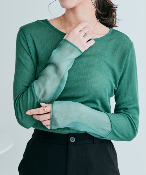 kirakiraShop（キラキラショップ）の「袖 切り替え シアー ニットソー 異素材（Tシャツ/カットソー・レディース・ブラック/ワイン/ラベンダー/オレンジ/イエロー/オフホワイト/オリーブ/グリーン/ブルー系/チャコール/ライトベージュ/モカ・M/L/XL）」の7枚目の写真