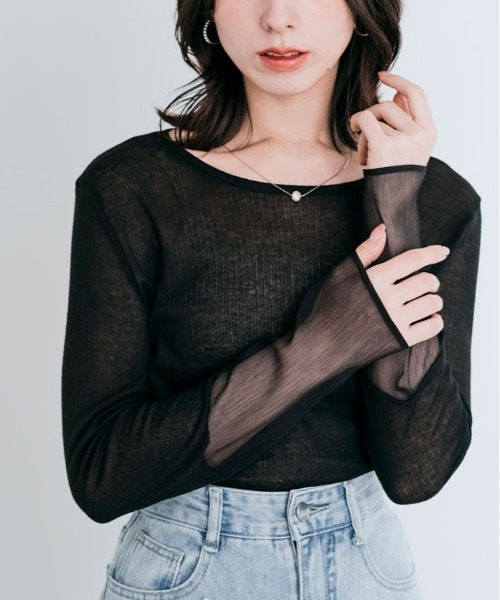 kirakiraShop（キラキラショップ）の「袖 切り替え シアー ニットソー 異素材（Tシャツ/カットソー・レディース・ブラック/ワイン/ラベンダー/オレンジ/イエロー/オフホワイト/オリーブ/グリーン/ブルー系/チャコール/ライトベージュ/モカ・M/L/XL）」の3枚目の写真