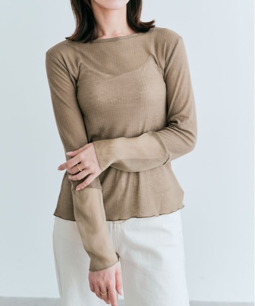 kirakiraShop（キラキラショップ）の「袖 切り替え シアー ニットソー 異素材（Tシャツ/カットソー・レディース・ブラック/ワイン/ラベンダー/オレンジ/イエロー/オフホワイト/オリーブ/グリーン/ブルー系/チャコール/ライトベージュ/モカ・M/L/XL）」の5枚目の写真