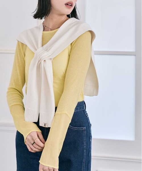 kirakiraShop（キラキラショップ）の「袖 切り替え シアー ニットソー 異素材（Tシャツ/カットソー・レディース・ブラック/ワイン/ラベンダー/オレンジ/イエロー/オフホワイト/オリーブ/グリーン/ブルー系/チャコール/ライトベージュ/モカ・M/L/XL）」の15枚目の写真