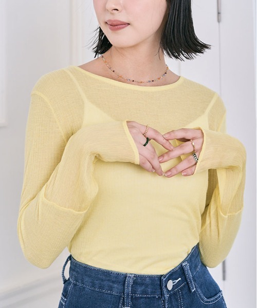 kirakiraShop（キラキラショップ）の「袖 切り替え シアー ニットソー 異素材（Tシャツ/カットソー・レディース・ブラック/ワイン/ラベンダー/オレンジ/イエロー/オフホワイト/オリーブ/グリーン/ブルー系/チャコール/ライトベージュ/モカ・M/L/XL）」の16枚目の写真