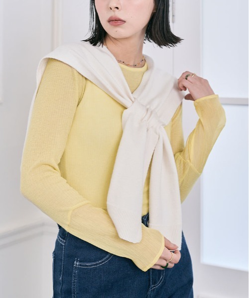 kirakiraShop（キラキラショップ）の「袖 切り替え シアー ニットソー 異素材（Tシャツ/カットソー・レディース・ブラック/ワイン/ラベンダー/オレンジ/イエロー/オフホワイト/オリーブ/グリーン/ブルー系/チャコール/ライトベージュ/モカ・M/L/XL）」の21枚目の写真