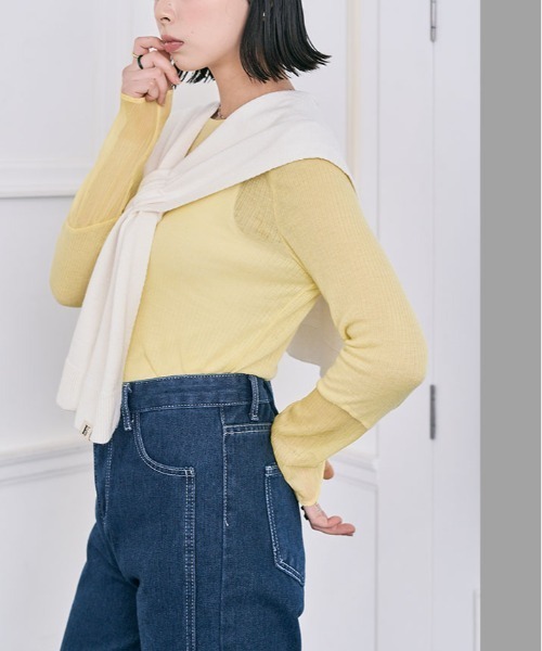 kirakiraShop（キラキラショップ）の「袖 切り替え シアー ニットソー 異素材（Tシャツ/カットソー・レディース・ブラック/ワイン/ラベンダー/オレンジ/イエロー/オフホワイト/オリーブ/グリーン/ブルー系/チャコール/ライトベージュ/モカ・M/L/XL）」の22枚目の写真