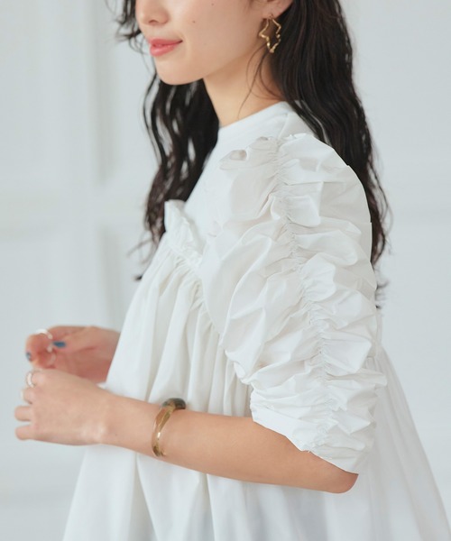 ルイルエブティック RUIRUE BOUTIQUE 選べるデザイン 異素材フリルカットソー（Bタイプ/ギャザー） （ギャザー/ダークネイビー） ルイルエブティック RUIRUE BOUTIQUE 選べるデザイン 異素材