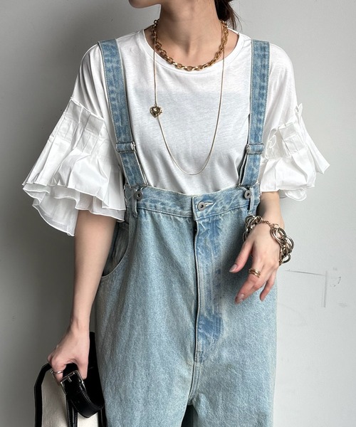 DouDou(ドゥドゥ)の「【WEB限定】 異素材ボリュームタックスリーブTEE(Tシャツ/カットソー・レディース・ブラック/オフホワイト・FREE)」の1枚目の写真