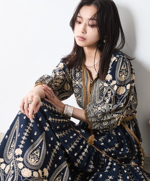 エスニックパネルプリントマキシワンピース ＜大きいサイズ有＞シック