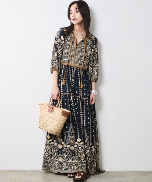 エスニックパネルプリントマキシワンピース ＜大きいサイズ有＞シック
