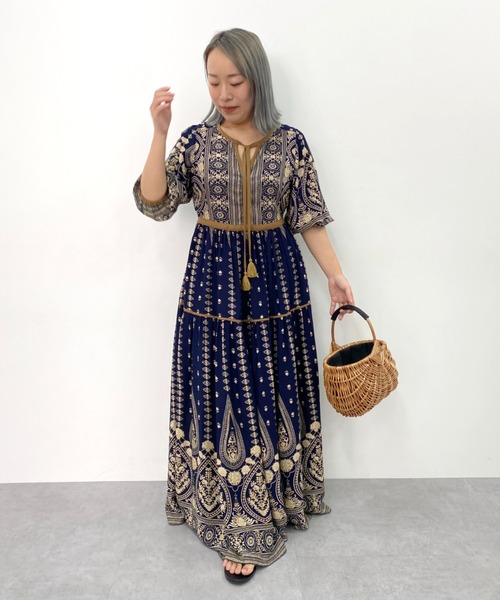 セール】エスニックパネルプリントマキシワンピース <大きい セール】エスニックパネルプリントマキシワンピース <大きい