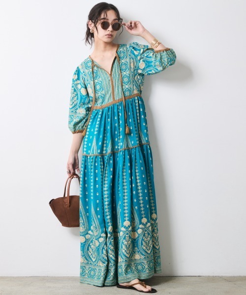 エスニックパネルプリントマキシワンピース ＜大きいサイズ有＞シック