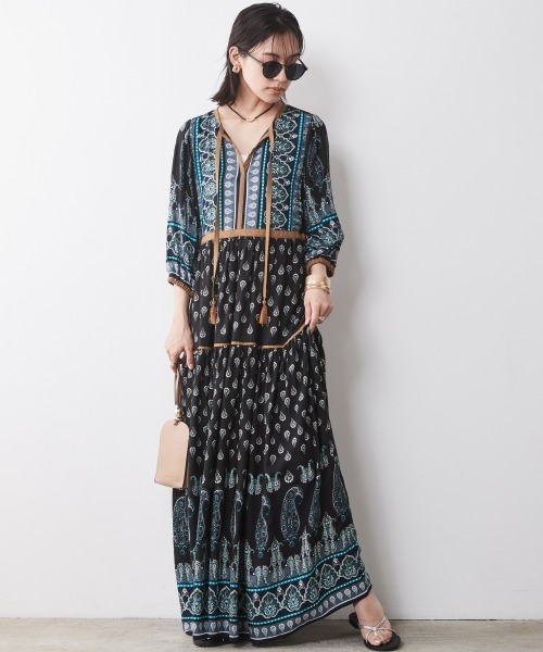 MEES 総柄 ペイズリー調 マキシワンピース エスニックプリント M ワンピース インポートペイズリープリントマキシドレス
