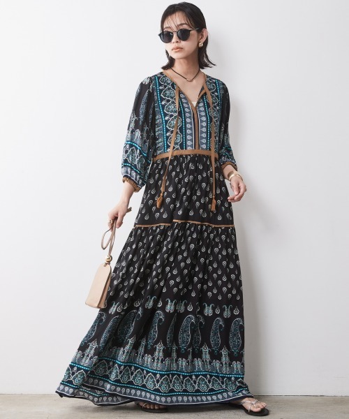 エスニックパネルプリントマキシワンピース ＜大きいサイズ有＞シック