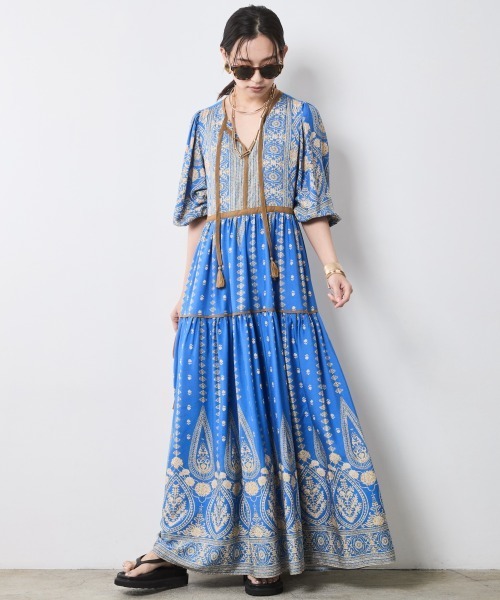 セール】エスニックパネルプリントマキシワンピース ＜大きいサイズ有