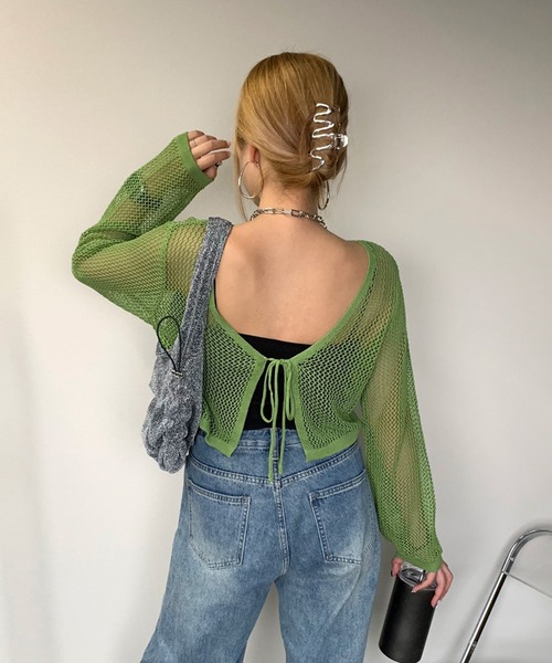 non-hedge(ノンヘッジ)の「透かし編み2WAYクロップド丈カーディガン(カーディガン/ボレロ・レディース・ブラック/オフホワイト/ブラウン/グリーン・FREE)」の21枚目の写真