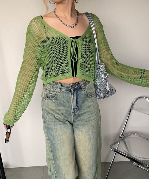 non-hedge(ノンヘッジ)の「透かし編み2WAYクロップド丈カーディガン(カーディガン/ボレロ・レディース・ブラック/オフホワイト/ブラウン/グリーン・FREE)」の20枚目の写真
