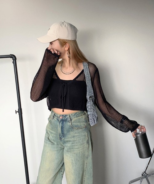 non-hedge(ノンヘッジ)の「透かし編み2WAYクロップド丈カーディガン(カーディガン/ボレロ・レディース・ブラック/オフホワイト/ブラウン/グリーン・FREE)」の18枚目の写真