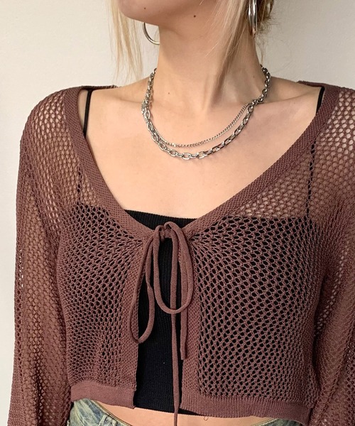 non-hedge(ノンヘッジ)の「透かし編み2WAYクロップド丈カーディガン(カーディガン/ボレロ・レディース・ブラック/オフホワイト/ブラウン/グリーン・FREE)」の12枚目の写真