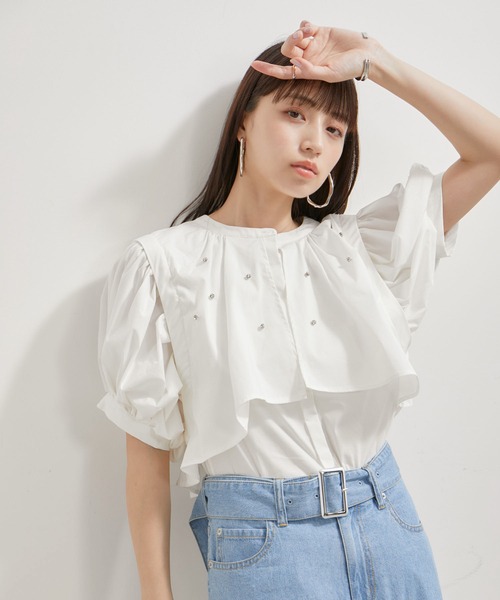 VIS(ビス)の「【洗える】ラインストーンシャツチュニックブラウス(シャツ/ブラウス・レディース・ホワイト/ダークブラウン/サックスブルー・FREE)」の12枚目の写真