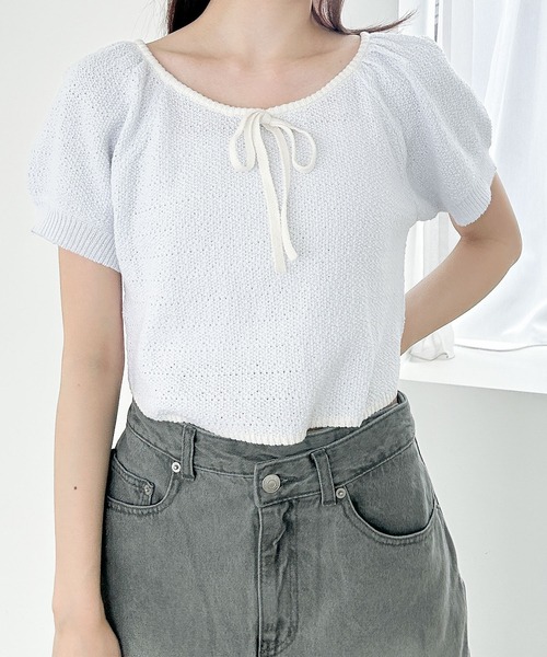 Heather(ヘザー)の「配色リボンニット(半袖) 134980(ニット/セーター・レディース・ライトブルー/ブラック/オフホワイト・FREE)」の1枚目の写真