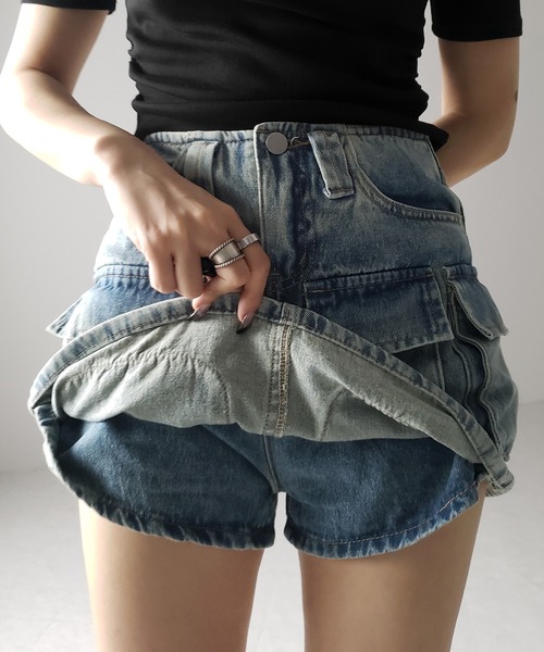me+em select（ミームセレクト）の「※※【 ３size 】 ３ポケットカーゴデニムミニスカートパンツ ／ 3-pocket cargo denim mini skirt pants（デニムスカート・レディース・ブルー・SMALL/MEDIUM/LARGE）」の15枚目の写真