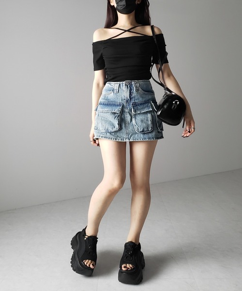 me+em select（ミームセレクト）の「※※【 ３size 】 ３ポケットカーゴデニムミニスカートパンツ ／ 3-pocket cargo denim mini skirt pants（デニムスカート・レディース・ブルー・SMALL/MEDIUM/LARGE）」の3枚目の写真
