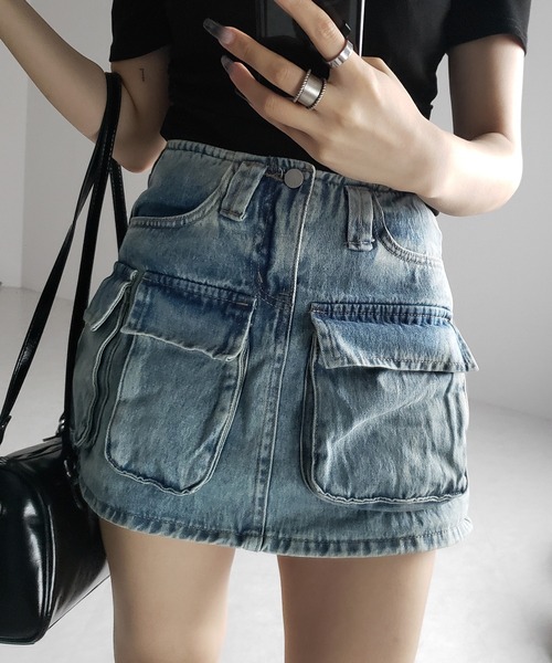 me+em select（ミームセレクト）の「※※【 ３size 】 ３ポケットカーゴデニムミニスカートパンツ ／ 3-pocket cargo denim mini skirt pants（デニムスカート・レディース・ブルー・SMALL/MEDIUM/LARGE）」の7枚目の写真