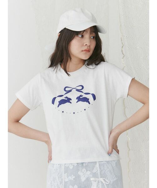 merry jenny（メリージェニー）の「rabbit ribbon tee（Tシャツ/カットソー・レディース・ピンク/オフホワイト・FREE）」の2枚目の写真