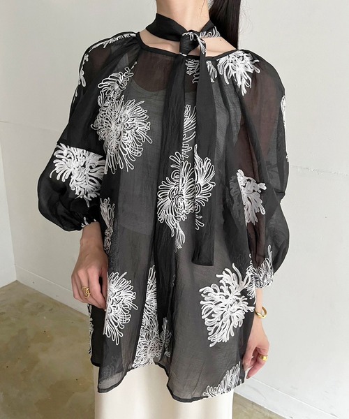 Jewelobe（ジュエローブ）の「ボリュームスリーブ刺繍シアーチュニック（シャツ/ブラウス・レディース・アイボリー/ブラック・FREE）」の22枚目の写真