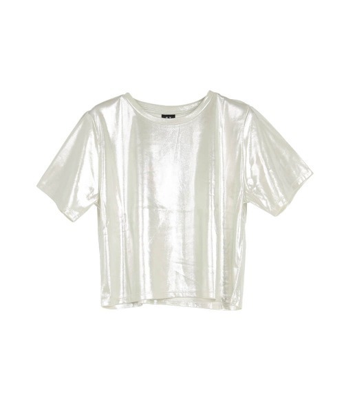 :ETHROF(イーサオブ)の「METALLIC CROPPED TOPS(Tシャツ/カットソー・レディース・シルバー×ゴールド/ブラック・FREE)」の3枚目の写真