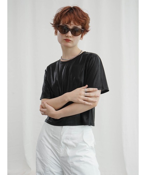 :ETHROF(イーサオブ)の「METALLIC CROPPED TOPS(Tシャツ/カットソー・レディース・シルバー×ゴールド/ブラック・FREE)」の12枚目の写真