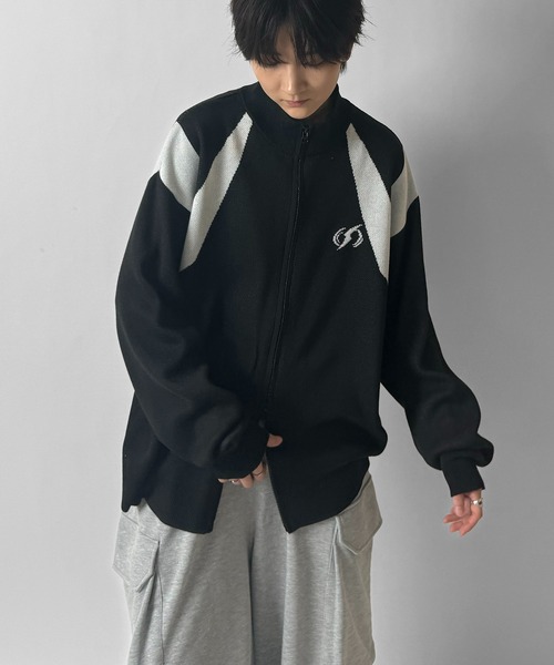 セール】Y2K ダブルジップ ワンポイントロゴ ジャガードニット