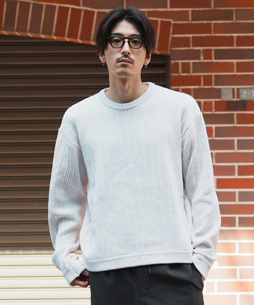 UNION STATION(ユニオンステーション)の「*WEB限定 ランダムストライプ ルーズフィット モールニットセーター(ニット/セーター・メンズ・チャコールグレー/ホワイト/ネイビー/ブラック・L/M)」の2枚目の写真