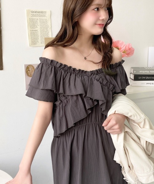 【未使用近】定価¥25,300 ワッシャーコットン2wayワンピース セール】コットンワッシャー2WAYクロスフリルオフショル