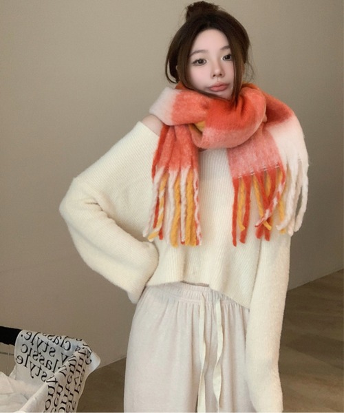 ブロックチェック裾フリンジマフラー(マフラー)|AMAJI(アマジ) ブロックチェック裾フリンジマフラー(マフラー)|AMAJI(アマジ)