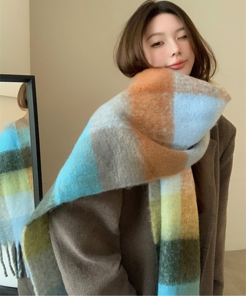 ブロックチェック裾フリンジマフラー(マフラー)|AMAJI(アマジ) ブロックチェック裾フリンジマフラー(マフラー)|AMAJI(アマジ)